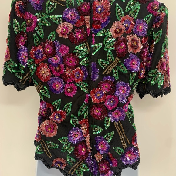 Vintage Laurence Kazar silk floral beaded blouse large l - Picture 2 of 3